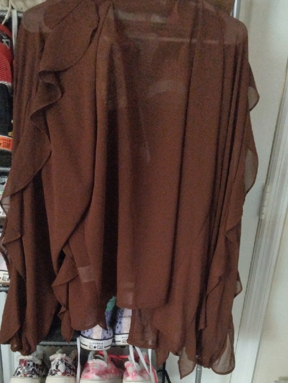 Source Unknown Brown Ruffled Cold-Shoulder Blouse - Picture 3 of 3